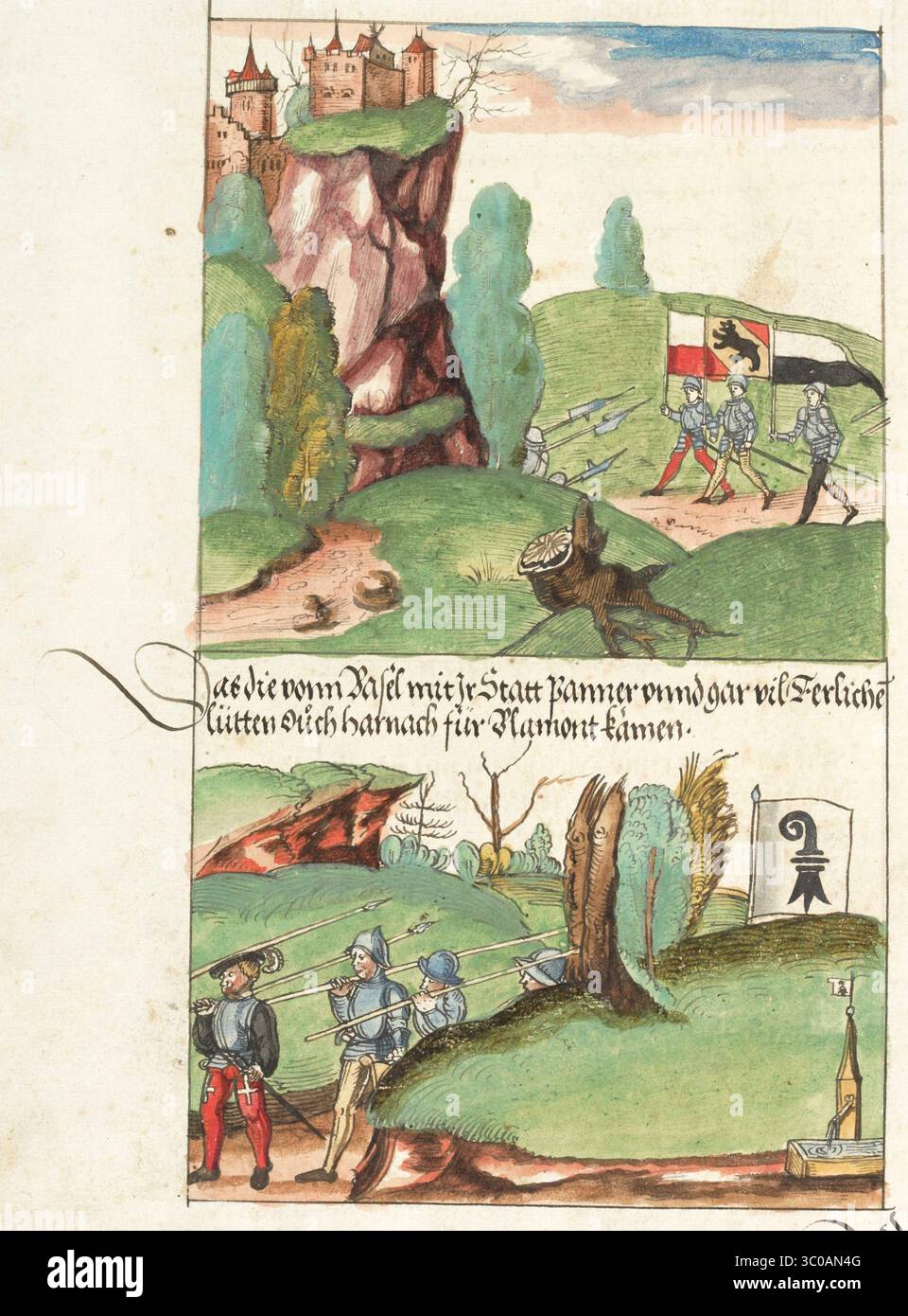 Due scene delle Guerre di Borgogna (1474-1477) una serie di conflitti nel tardo XV secolo tra il Ducato di Borgogna e la Vecchia Confederazione svizzera, insieme ai loro alleati. Illustrazione dal Silbereisen Chronicon Helvetiae, parte II, XVI secolo. Foto Stock