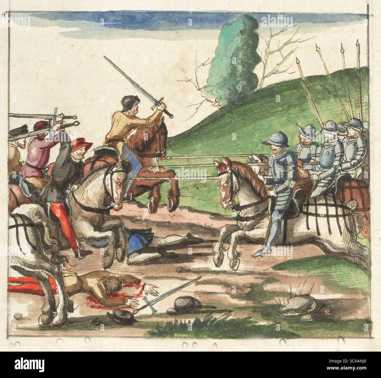 Una scena delle Guerre di Borgogna (1474-1477) una serie di conflitti nel tardo XV secolo tra il Ducato di Borgogna e la Vecchia Confederazione svizzera, insieme ai loro alleati. Illustrazione dal Silbereisen Chronicon Helvetiae, parte II, XVI secolo. Foto Stock