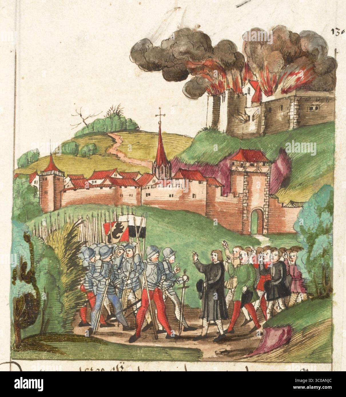 Una scena delle Guerre di Borgogna (1474-1477) una serie di conflitti nel tardo XV secolo tra il Ducato di Borgogna e la Vecchia Confederazione svizzera, insieme ai loro alleati. Illustrazione dal Silbereisen Chronicon Helvetiae, parte II, XVI secolo. Foto Stock
