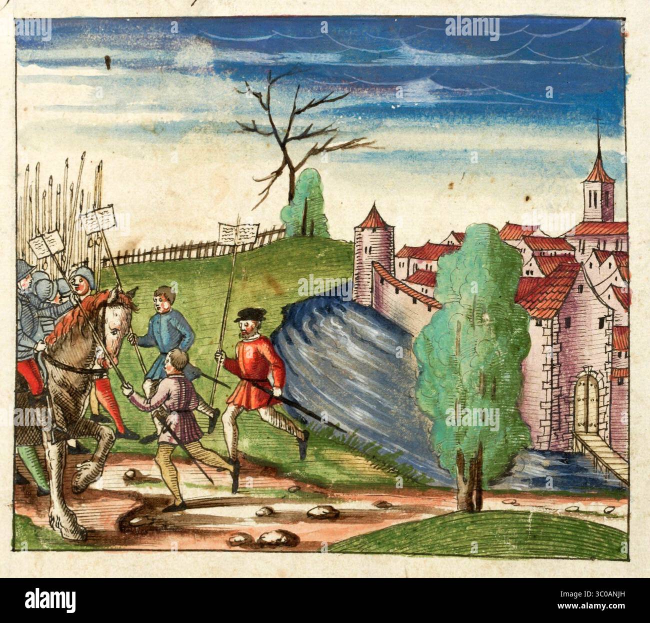 Una scena delle Guerre di Borgogna (1474-1477) una serie di conflitti nel tardo XV secolo tra il Ducato di Borgogna e la Vecchia Confederazione svizzera, insieme ai loro alleati. Illustrazione dal Silbereisen Chronicon Helvetiae, parte II, XVI secolo. Foto Stock