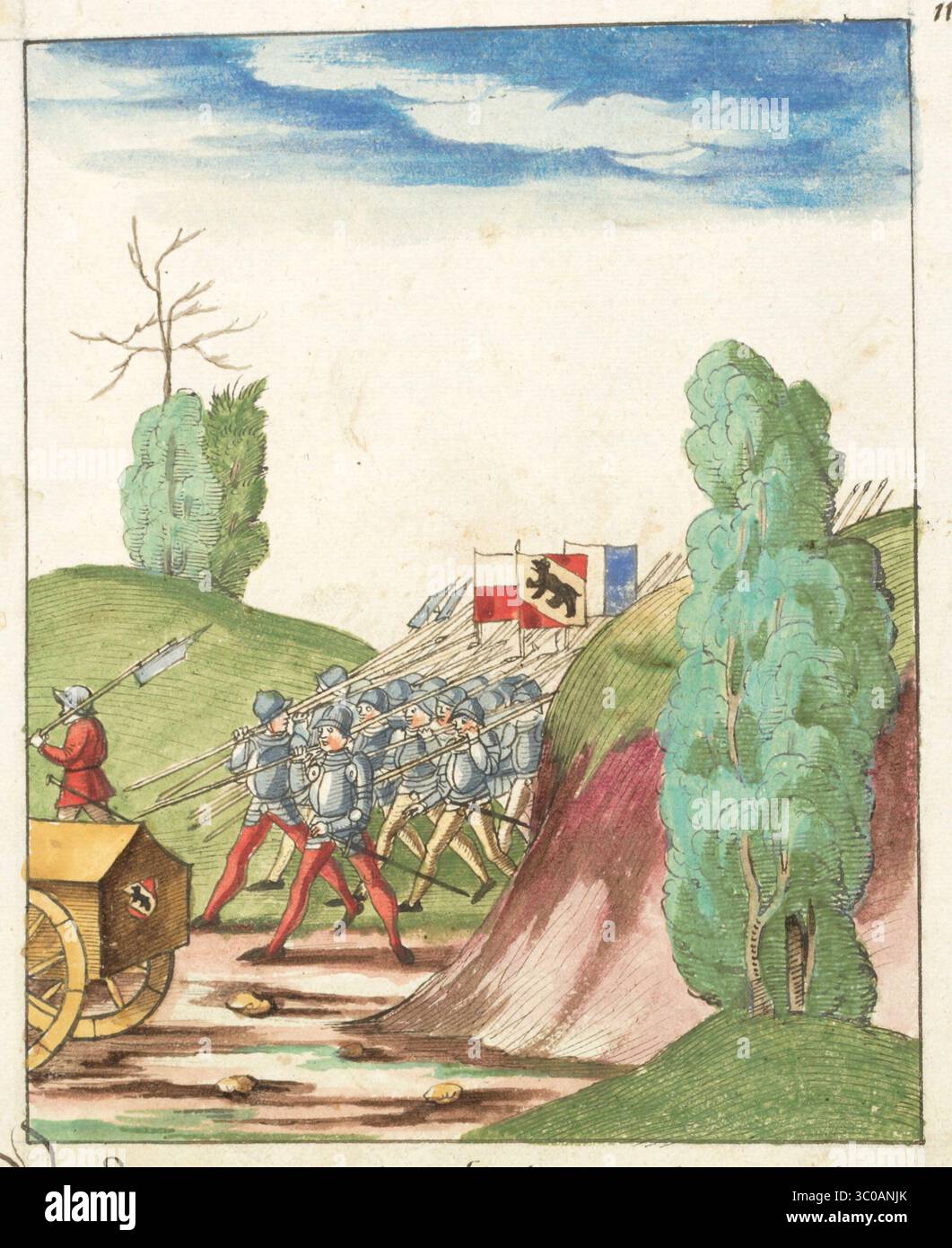 Una scena delle Guerre di Borgogna (1474-1477) una serie di conflitti nel tardo XV secolo tra il Ducato di Borgogna e la Vecchia Confederazione svizzera, insieme ai loro alleati. Illustrazione dal Silbereisen Chronicon Helvetiae, parte II, XVI secolo. Foto Stock