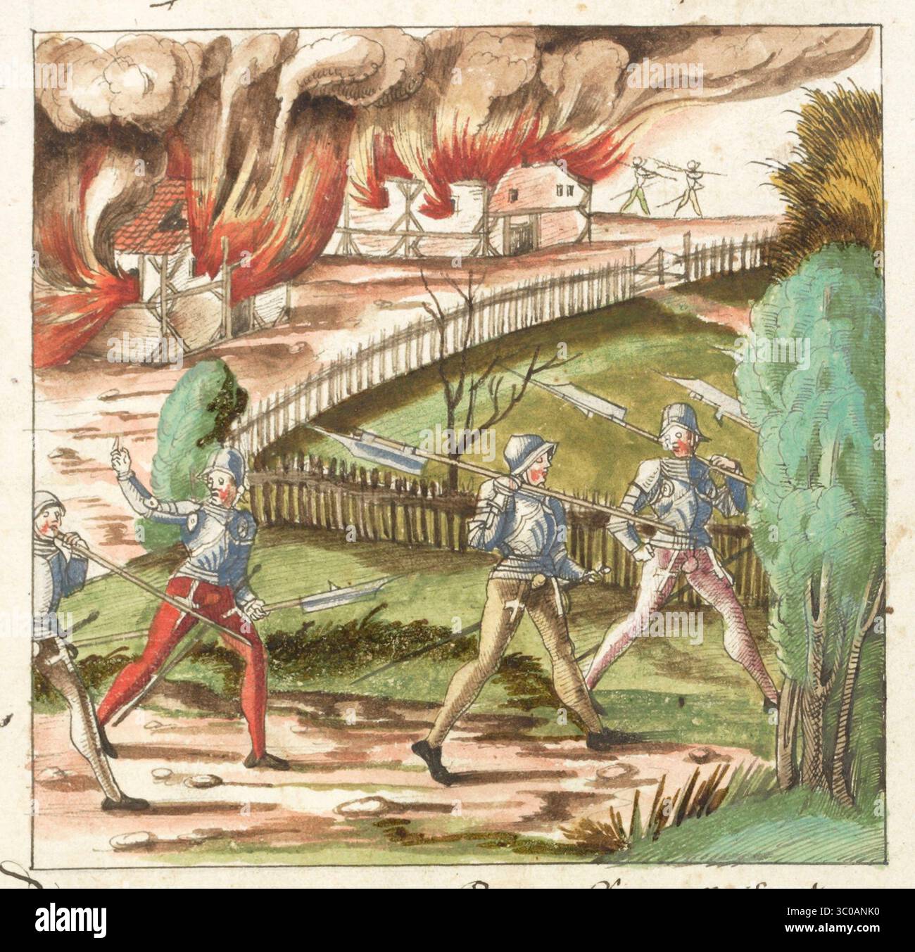 Una scena delle Guerre di Borgogna (1474-1477) una serie di conflitti nel tardo XV secolo tra il Ducato di Borgogna e la Vecchia Confederazione svizzera, insieme ai loro alleati. Illustrazione dal Silbereisen Chronicon Helvetiae, parte II, XVI secolo. Foto Stock