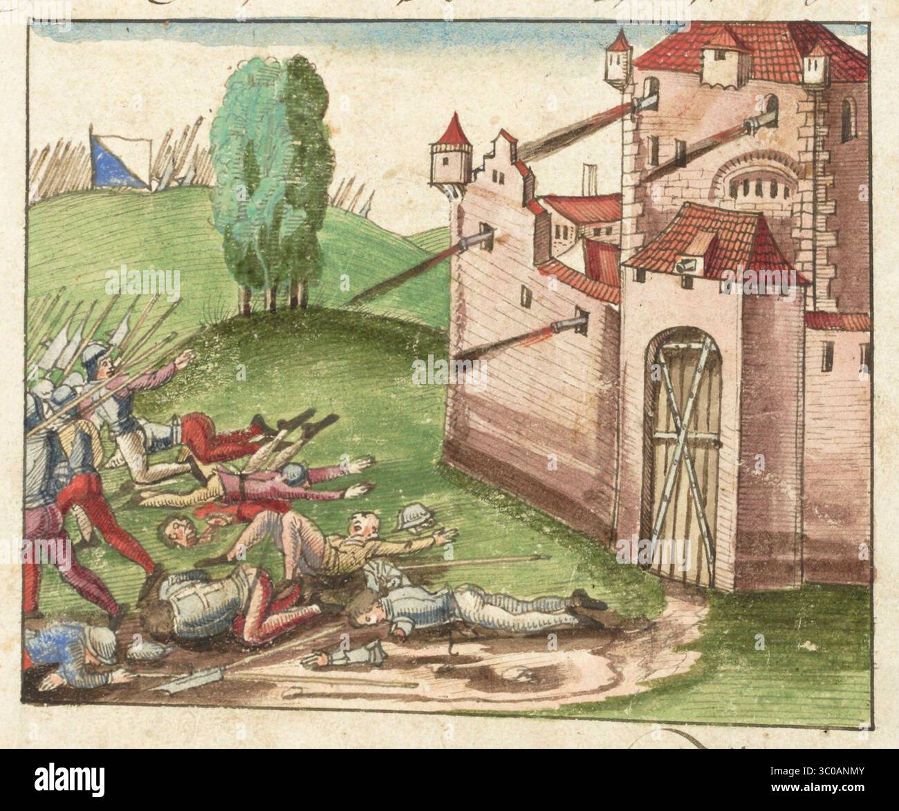 Una scena delle Guerre di Borgogna (1474-1477) una serie di conflitti nel tardo XV secolo tra il Ducato di Borgogna e la Vecchia Confederazione svizzera, insieme ai loro alleati. Illustrazione dal Silbereisen Chronicon Helvetiae, parte II, XVI secolo. Foto Stock