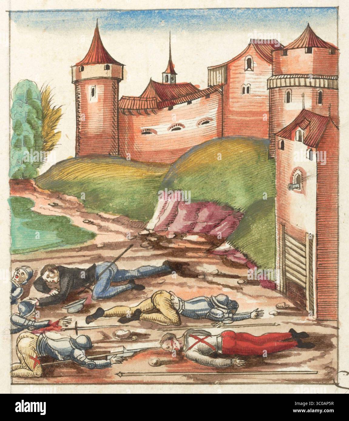 Una scena delle Guerre di Borgogna (1474-1477) una serie di conflitti nel tardo XV secolo tra il Ducato di Borgogna e la Vecchia Confederazione svizzera, insieme ai loro alleati. Illustrazione dal Silbereisen Chronicon Helvetiae, parte II, XVI secolo. Foto Stock