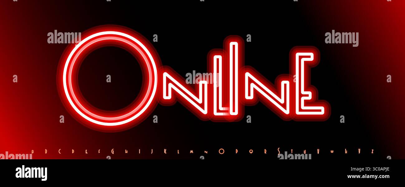 Alfabeto al neon rosso, lettere in grassetto luminose, vivace font elettrico per banner vita notturna, poster festa, interfaccia utente gioco, pulsante online, segno digitale, luminoso Illustrazione Vettoriale