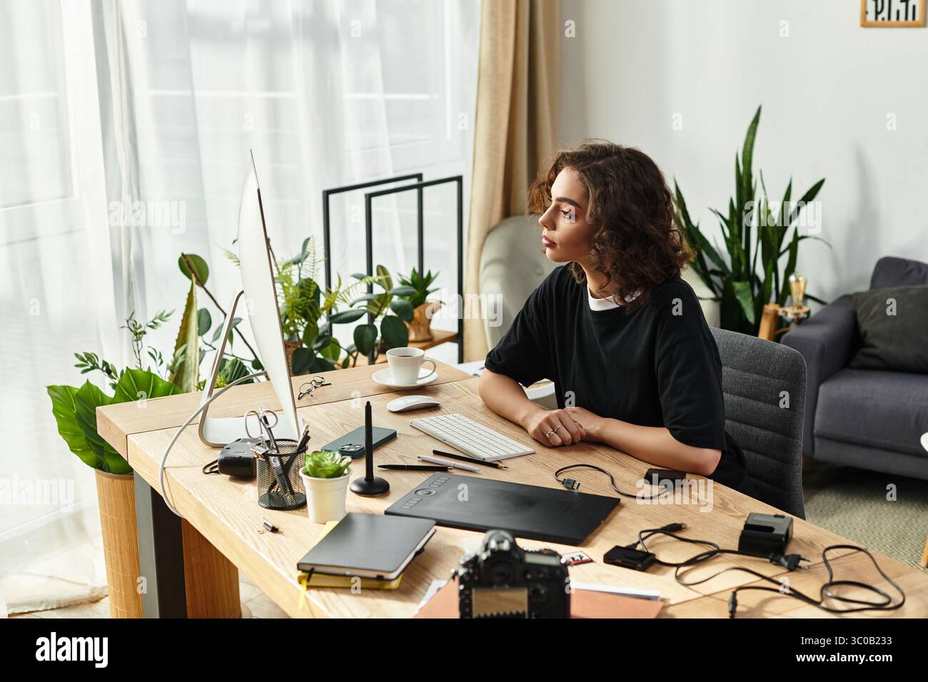 Bella giovane donna dai capelli ricci concentrata sul lavoro di editing in un elegante ufficio domestico. Foto Stock