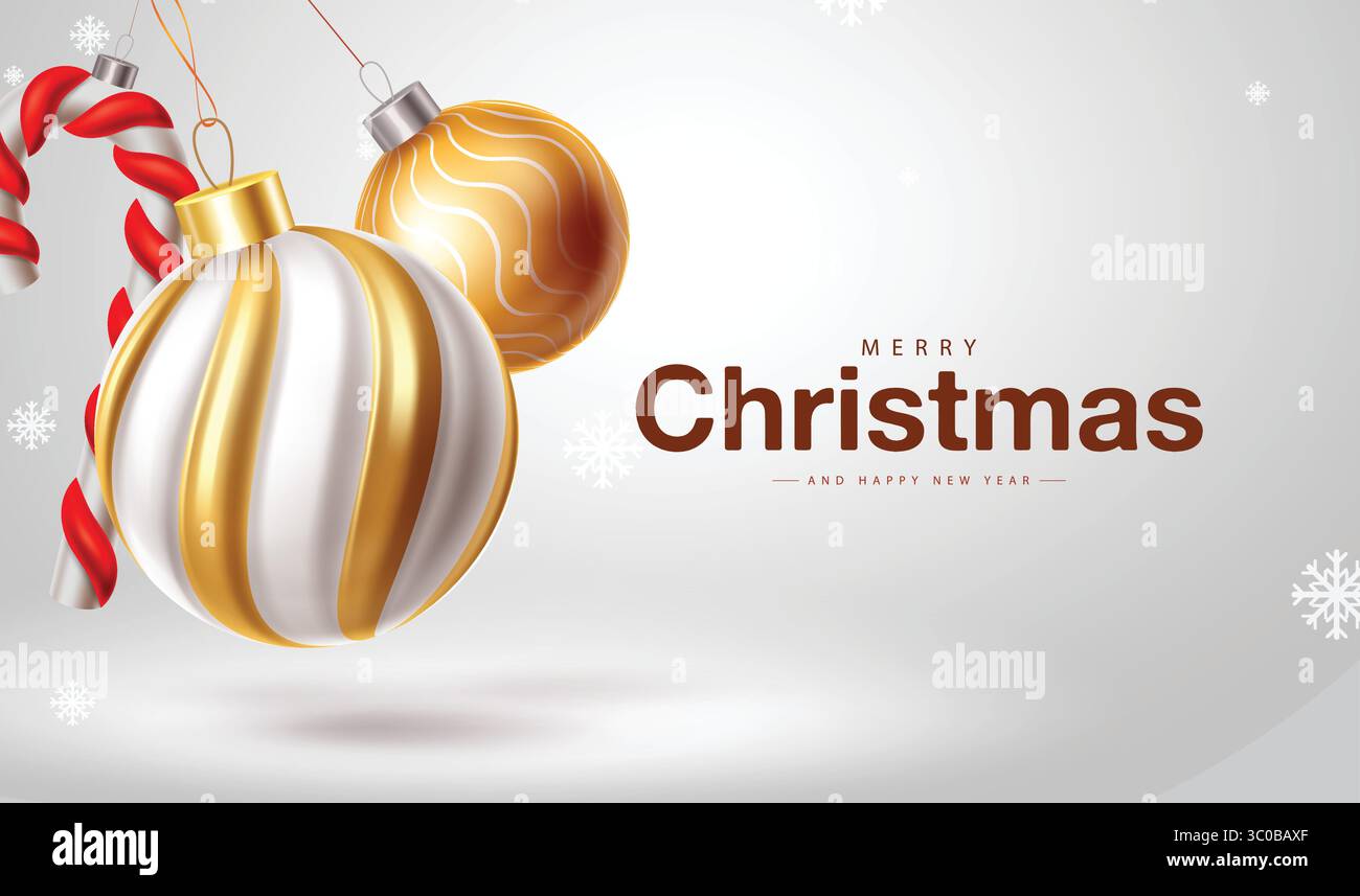Buon Natale con design vettoriale. Testo di benvenuto natalizio con baubles dorate e Candy Cane perfetto per i saluti e il biglietto di auguri natalizi Vector Illus Illustrazione Vettoriale