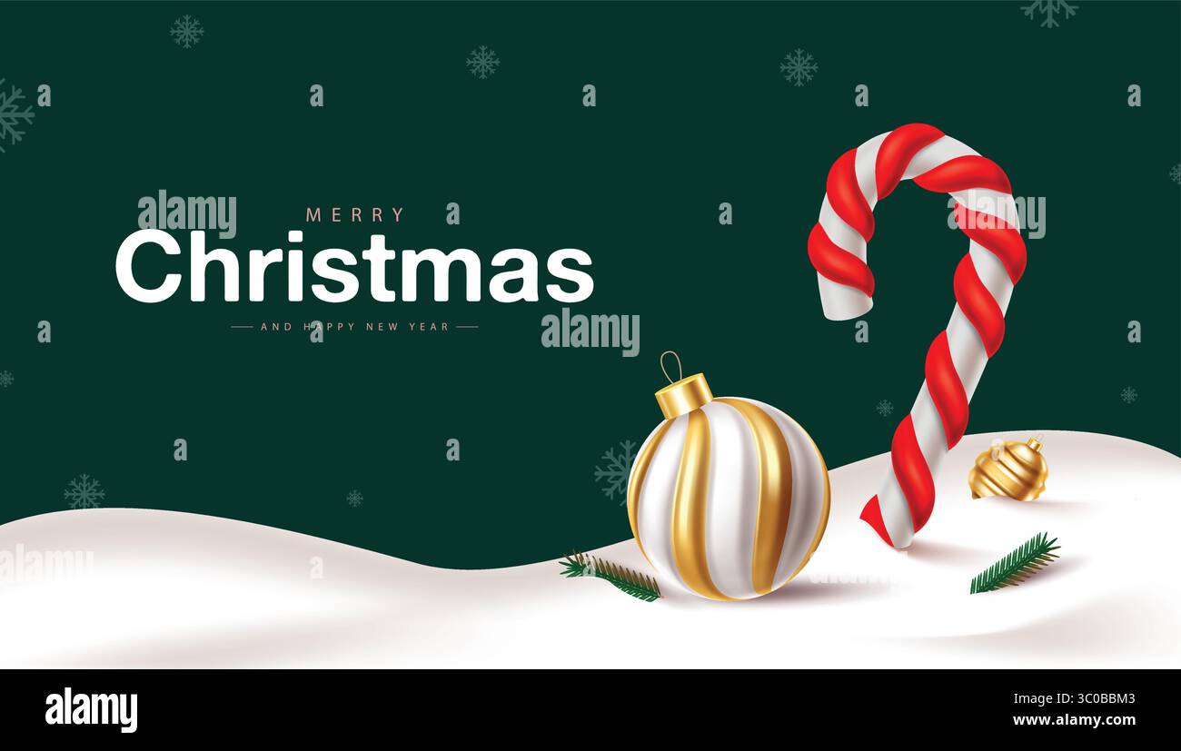 Design dello sfondo del vettore natalizio. Buon Natale e felice anno nuovo testo con eleganti palline di Natale, canna da zucchero e foglie di abete rosso Illustrazione Vettoriale