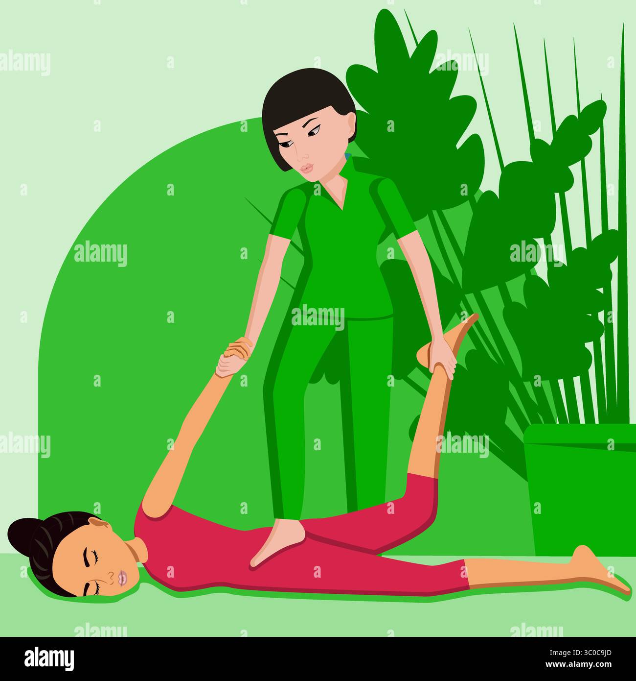 Massaggio Shiatsu. Terapia e trattamento da parte di terapisti professionisti nella SPA. Illustrazione del vettore piatto isolato. Etnia asiatica e orientale. Illustrazione Vettoriale
