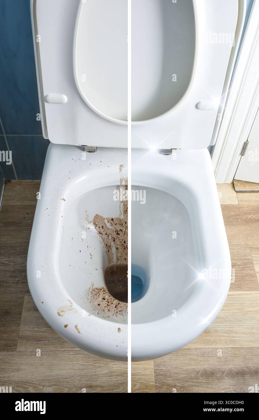 Confronto tra ciotola pulita e sporca con coperchio aperto in un bagno con pavimento in legno e piastrelle blu. Vista dall'alto in alto. Foto Stock