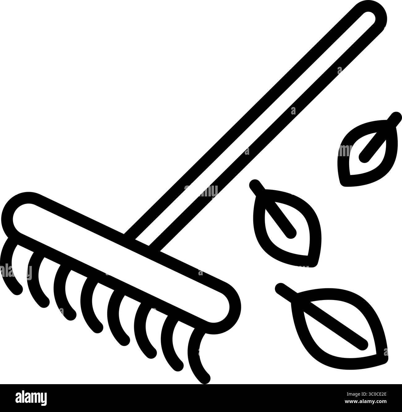 Icona del profilo del rastrello con foglie cadute. Vettore traccia modificabile. Ideale per il giardinaggio, l'autunno o i concetti di pulizia. Illustrazione Vettoriale