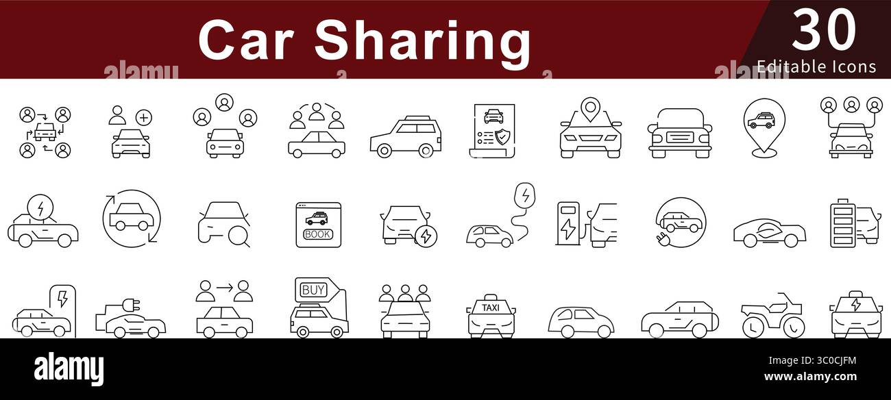 Icone di linea modificabili per Car Sharing impostate per i servizi di trasporto, trasporto, noleggio e mobilità Illustrazione Vettoriale