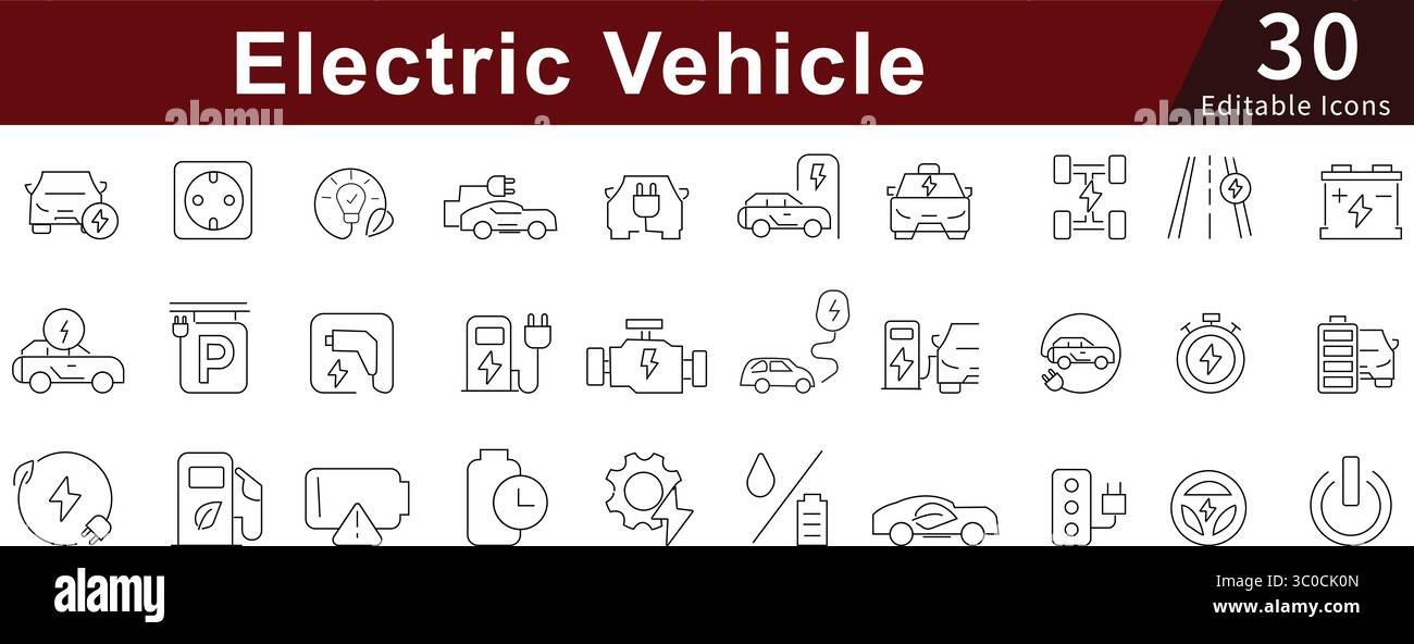 Set di icone della linea modificabile per veicoli elettrici, auto, ricarica e trasporto verde Illustrazione Vettoriale
