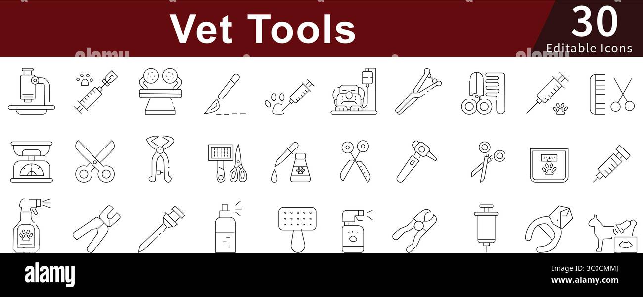 Set di icone di linea modificabili per veterinaria, medica, animale e PET Healthcare Illustrazione Vettoriale