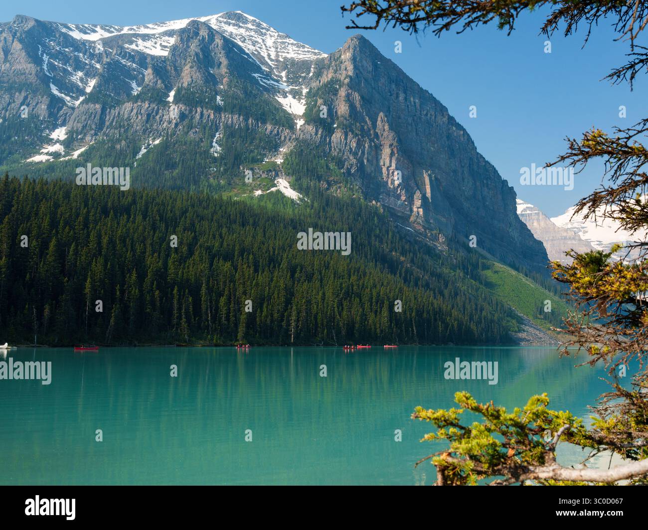 Vista del lago Louise turchese con un'imponente montagna innevata sullo sfondo. Foto Stock
