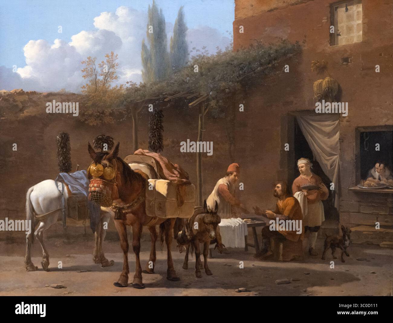 Karel du Jardin 'Muleteers at an Inn' 1558-60; pittore olandese del secolo d'oro, che dipinge una scena italiana in una locanda in Italia; XVII secolo, olio su rame. Foto Stock