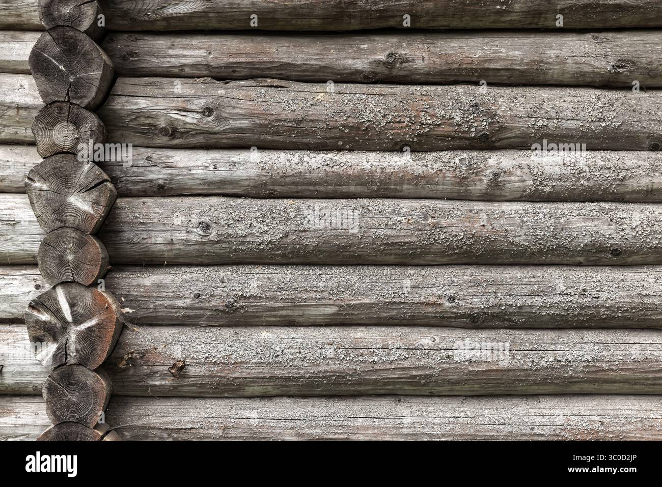 Tronchi di legno impilati in una tradizionale cabina, che mostra fascino rustico e texture naturali. Foto di sfondo Foto Stock