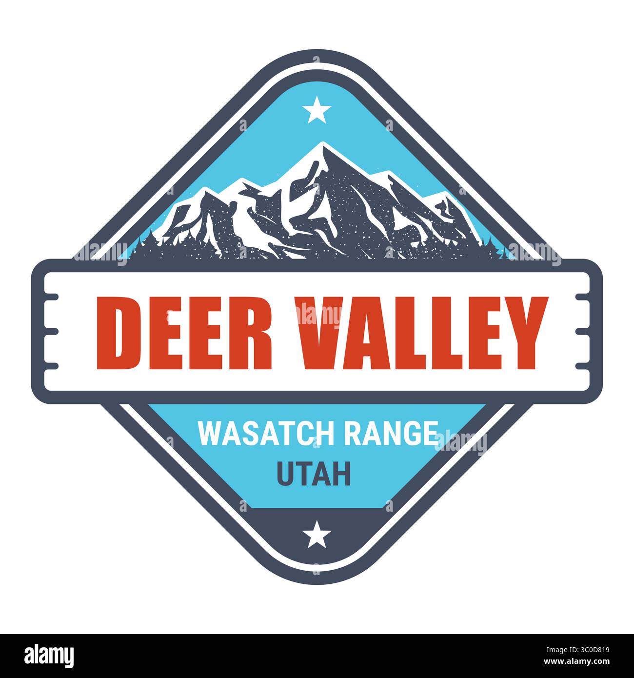 Località sciistica di Deer Valley, Utah stamp, emblema con montagne innevate, vettoriale Illustrazione Vettoriale