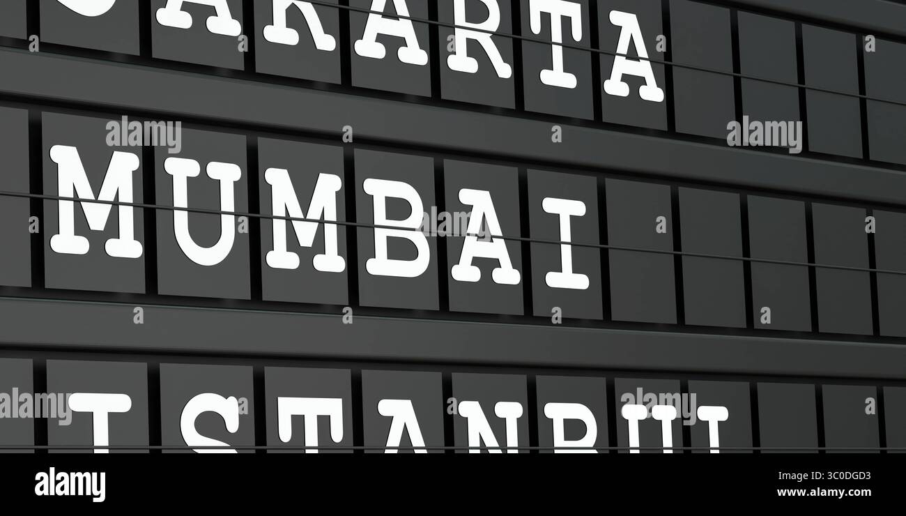 Mumbai, India, destinazione di viaggio, partenza dall'aeroporto. Turismo, prenotazione, vacanza, viaggio, vacanza, viaggio. Illustrazione 3D di Mumbai, India, destinazione del viaggio, scheda di partenza dell'aeroporto. Turismo, prenotazione, vacanza, viaggio, vacanza, viaggio. Illustrazione 3D banner Travel 010 destination City mumbai Foto Stock