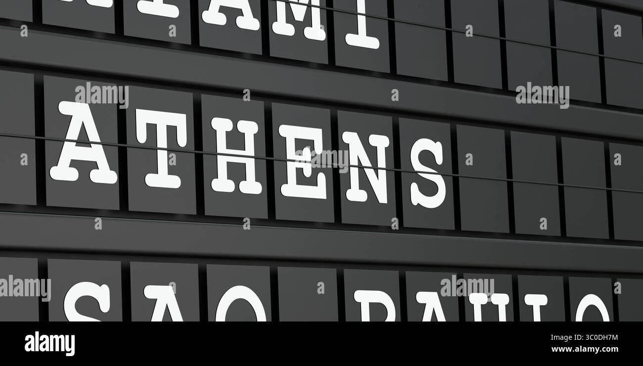 Atene, Grecia, destinazione di viaggio, partenza dall'aeroporto. Atene, Grecia, destinazione di viaggio, partenza dall'aeroporto. Turismo, prenotazione, vacanza, viaggio, vacanza, viaggio. Illustrazione 3D banner Travel 010s destination athens Foto Stock