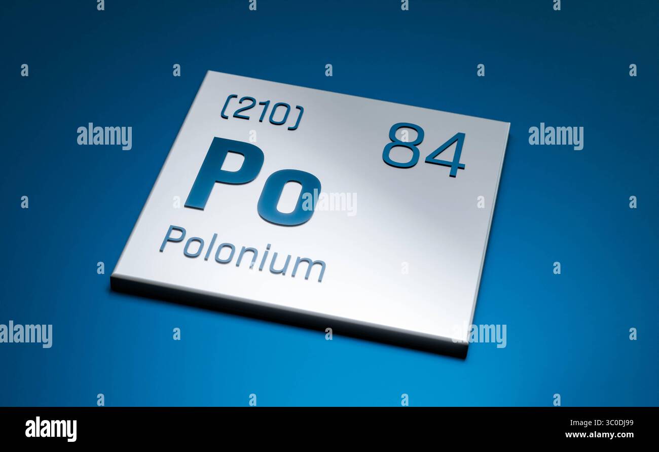 Polonio, elemento tavola periodica. Polonio, elemento tavola periodica. Scienza, metallo, elemento chimico, struttura, peso atomico, numero atomico. Illustrazione 3D science027s Periodic Table Element polonio Foto Stock