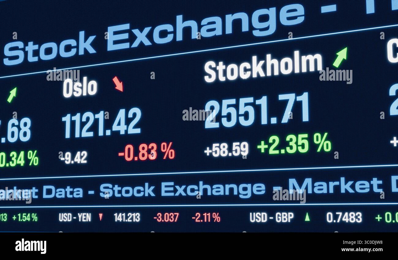 L'indice azionario di Stoccolma sale e l'indice di Oslo diminuisce. L'indice azionario di Stoccolma sale e l'indice di Oslo diminuisce. Borsa valori, comitato di negoziazione, dati di mercato, attività, investimenti, informazioni sulla valuta. img stock market111s8 market data Foto Stock