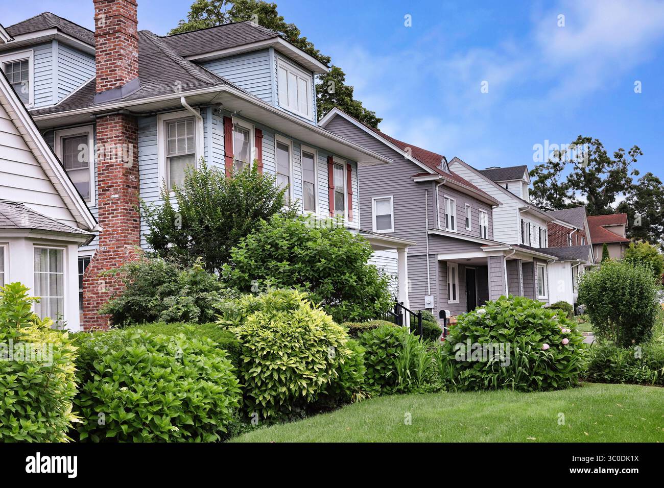 Strada suburbana di tradizionali case indipendenti con facciata Foto Stock
