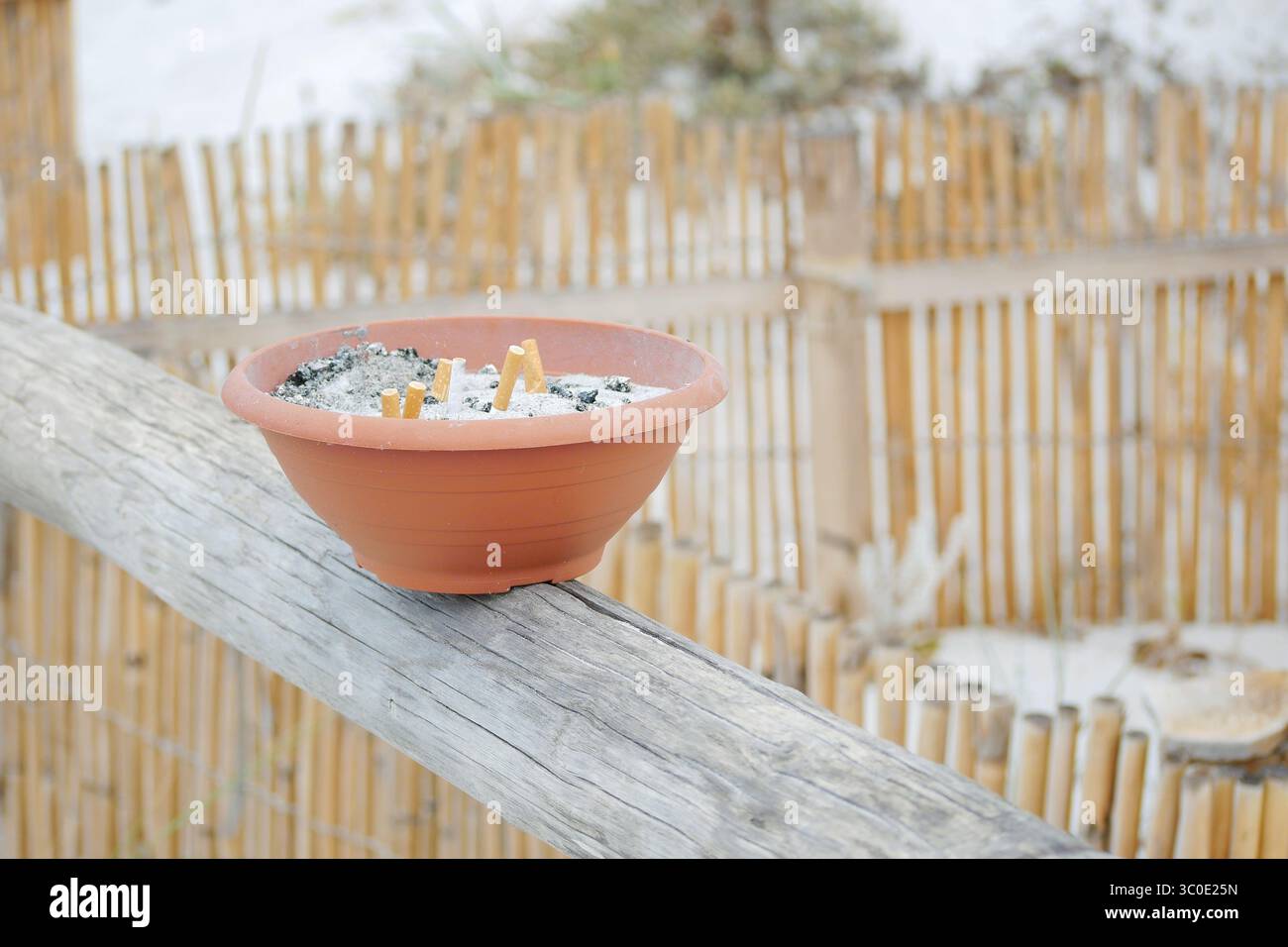 Uno speciale posacenere presso la spiaggia non fumatori Spiaggia la Cinta di San Teodoro, Olbia, Sardegna. Impatto del fumo sul concetto di aree naturali. Foto Stock