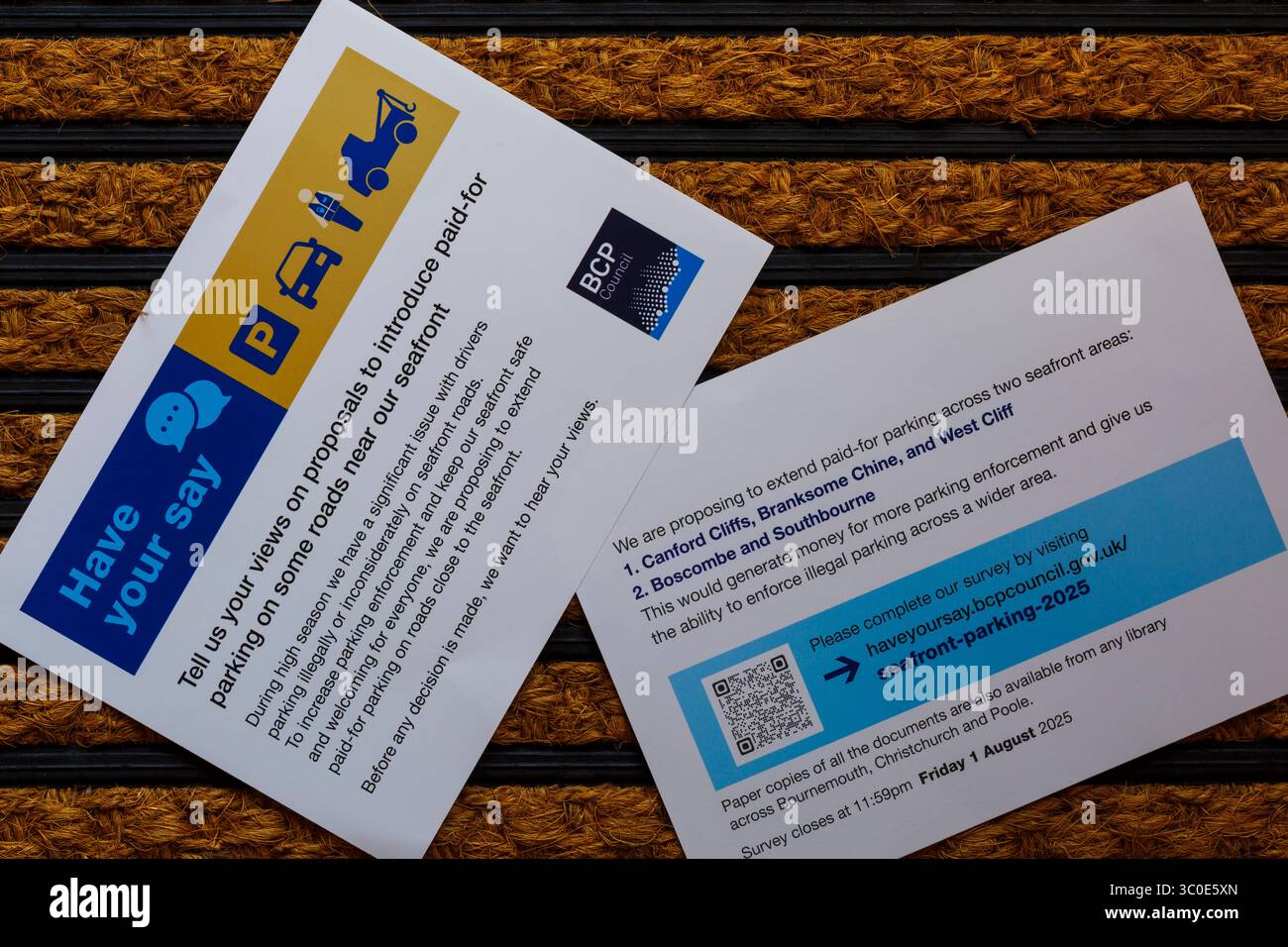 Dite la vostra - proposta di introdurre il parcheggio a pagamento dal BCP Council sul tappetino della porta Foto Stock