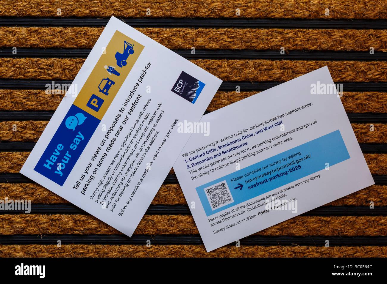 Dite la vostra - proposta di introdurre il parcheggio a pagamento dal BCP Council sul tappetino della porta Foto Stock