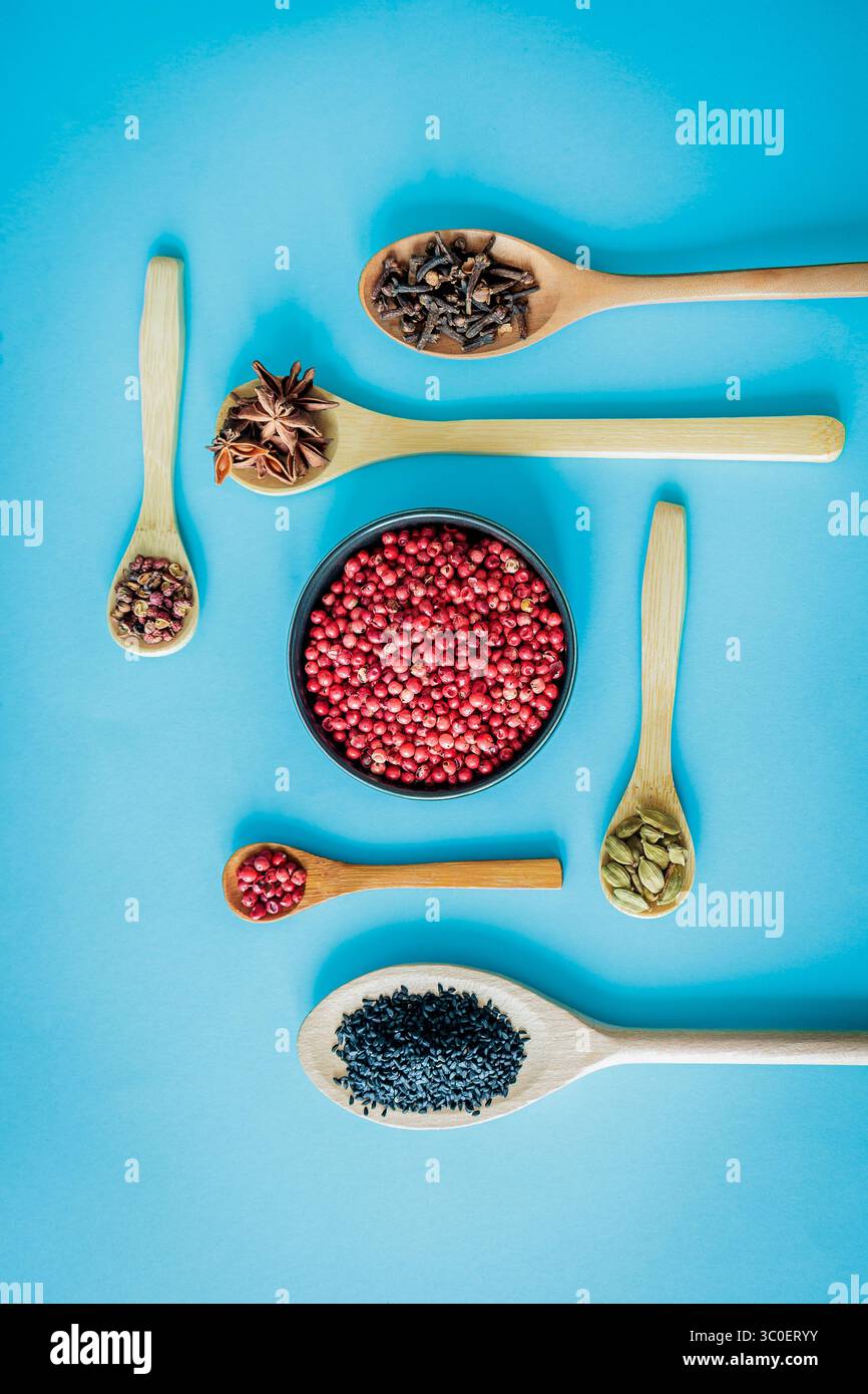 Spezie assortite (grani di pepe rosa, cardamomo, chiodi di garofano, anice stellato, sesamo nero e pepe Sichuan) disposte in cucchiai di legno intorno a una ciotola su turqu vividi Foto Stock