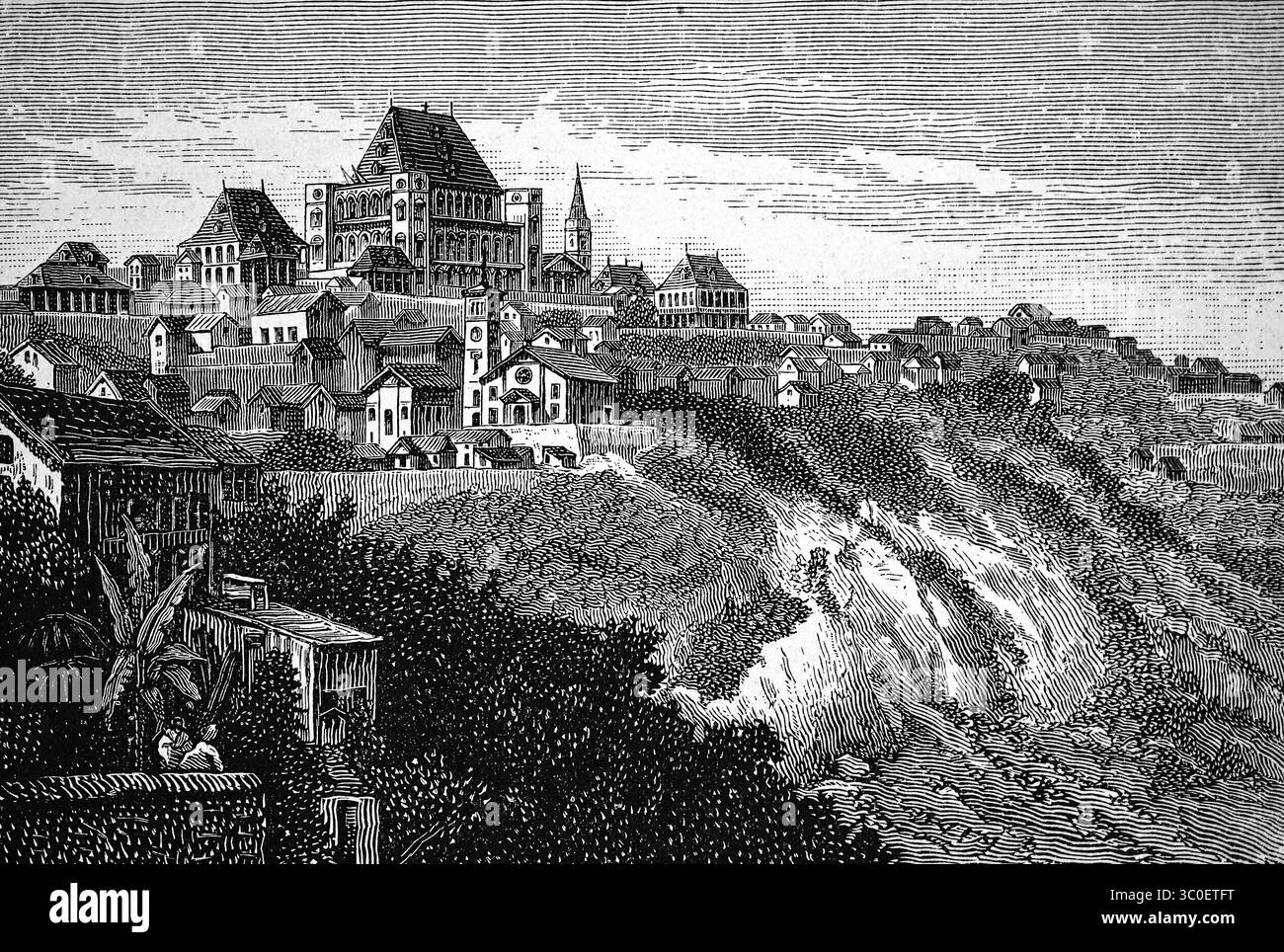 Capitale Antananarivo o Tana, ex palazzo reale Rova di Antananarivo con quattro torri angolari, pendio ripido, giardini, chiesa, Madagascar, i storici Foto Stock