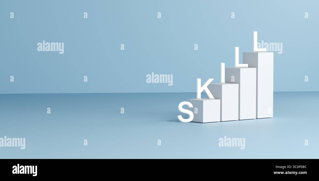 Abilità scritte su blocchi bianchi disposti come passi ascendenti, su sfondo azzurro, che simboleggiano crescita, apprendimento, sviluppo professionale, up Foto Stock
