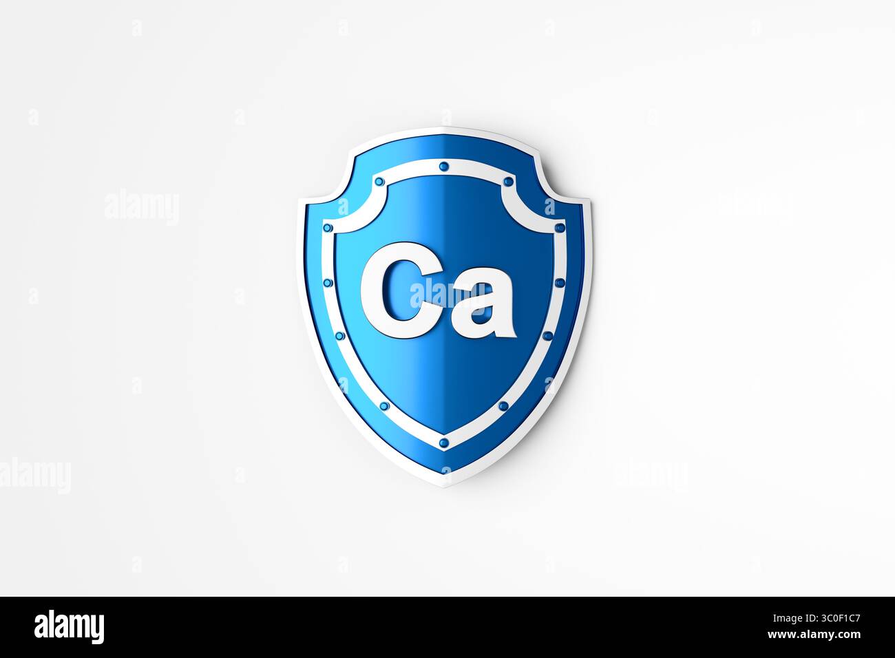 Simbolo di calcio CA su uno scudo blu che rappresenta l'importanza di questo minerale per le ossa forti e la salute generale Foto Stock