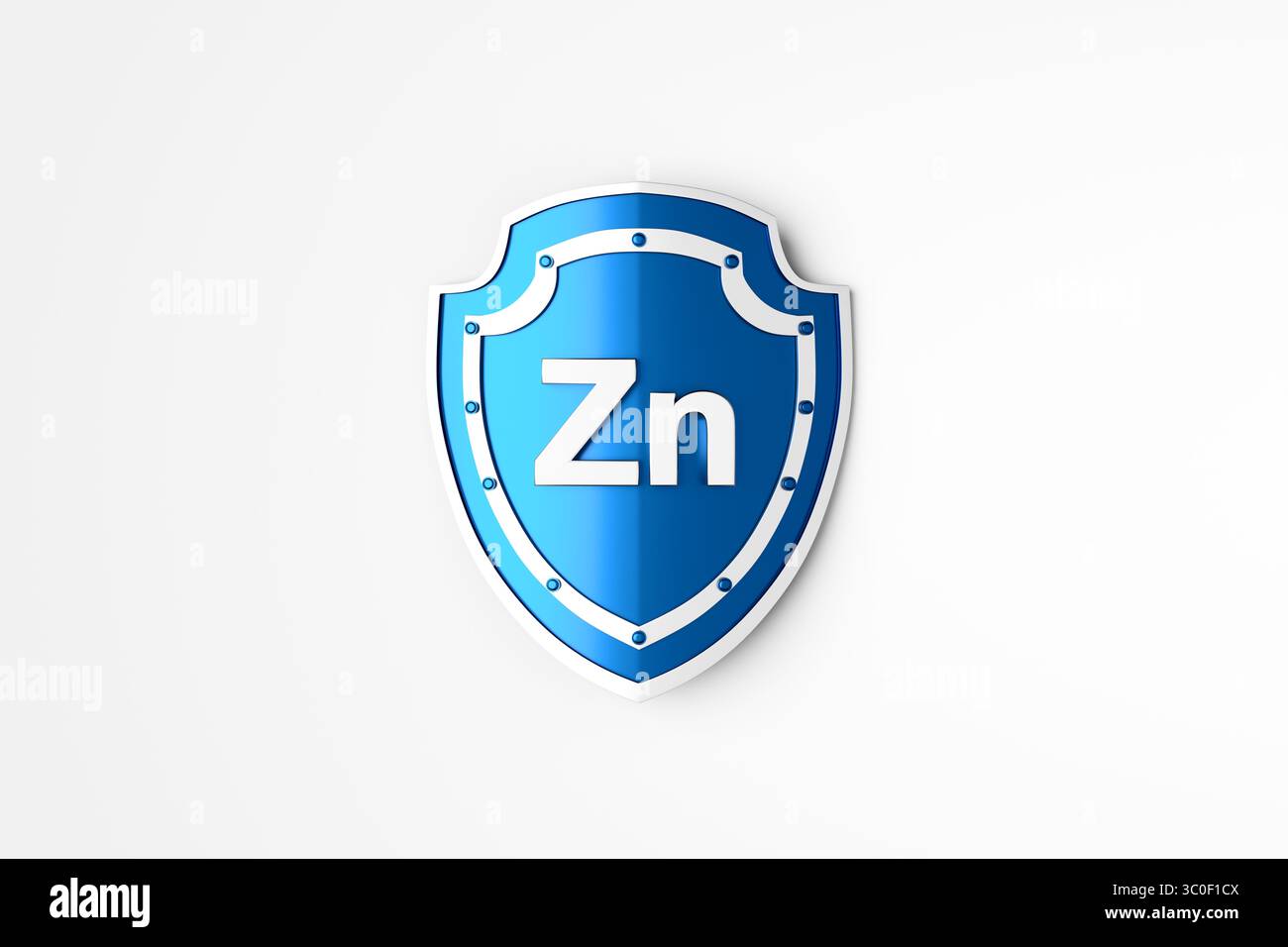 Scudo blu lucido con un simbolo di zinco Zn, che incarna il supporto del sistema immunitario e promuove la salute generale e il benessere Foto Stock