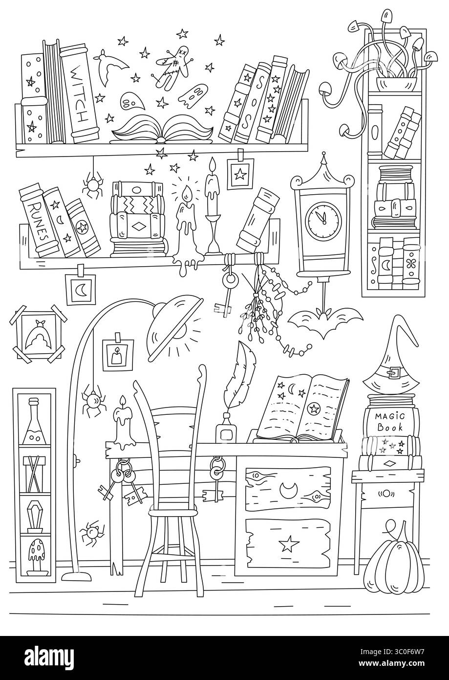 Libro da colorare per adulti per alleviare lo stress in Una biblioteca di strege Illustrazione Vettoriale