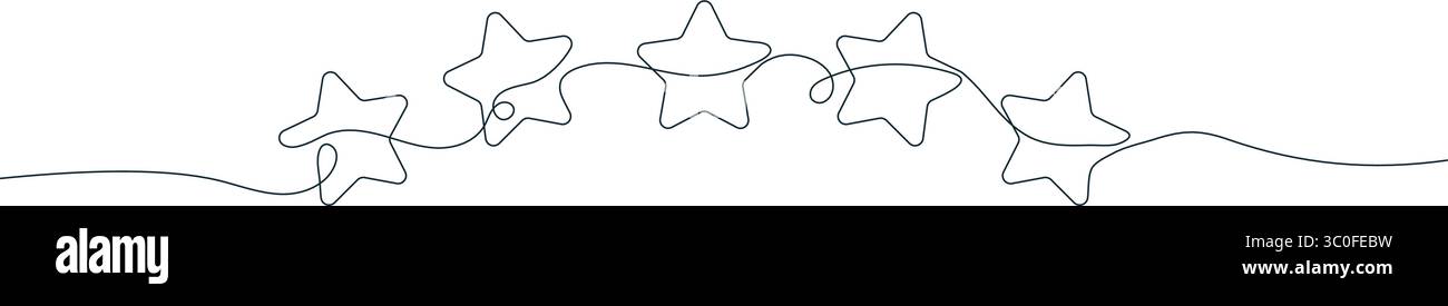 Cinque stelle disegnate su una linea continua. Illustrazione vettoriale minimale e moderna, perfetta per valutazioni, recensioni e concetti di qualità. Illustrazione Vettoriale