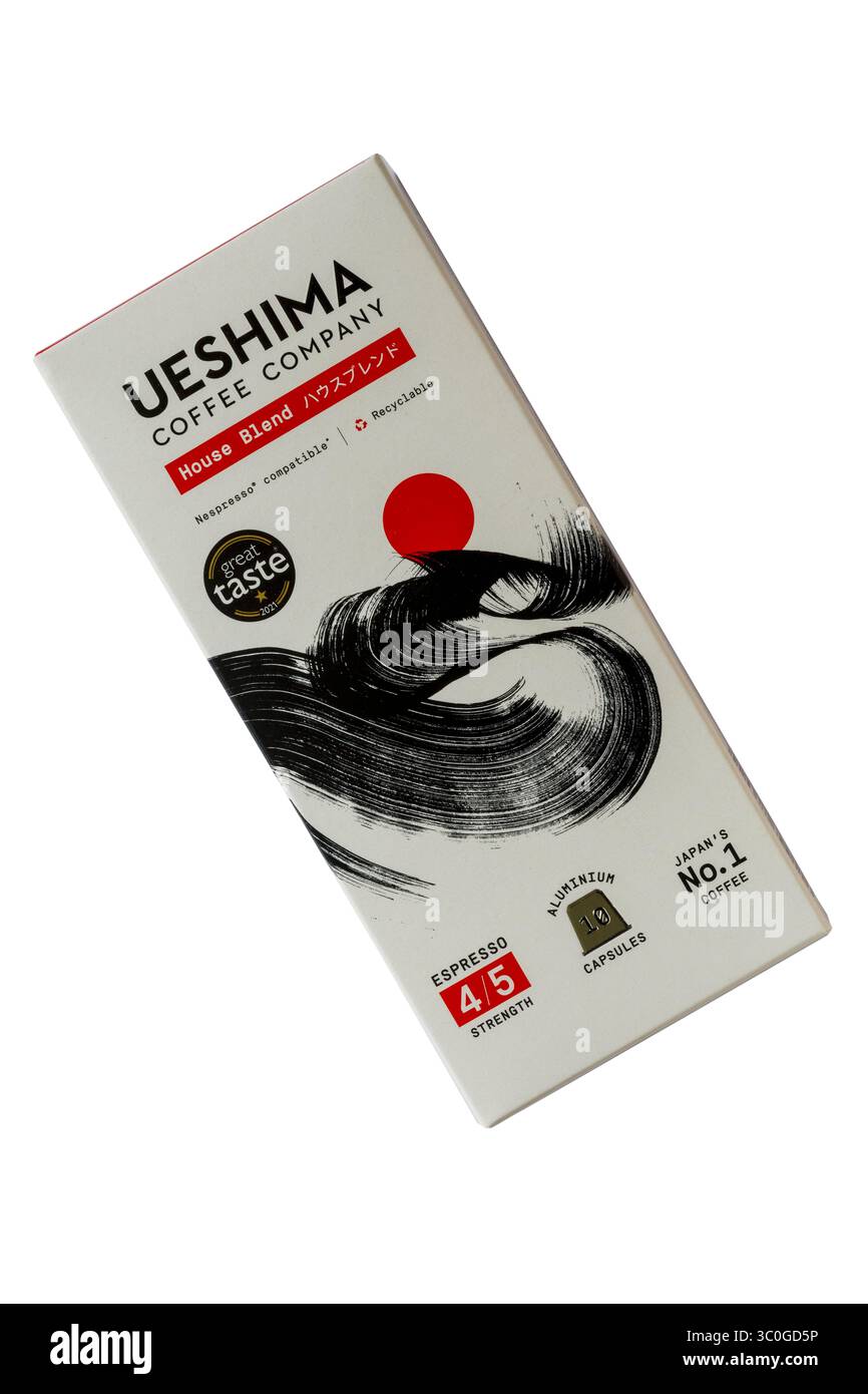 Scatola di capsule di caffè House Blend capsule di alluminio cialde di Ueshima Coffee Company isolate su sfondo bianco Foto Stock
