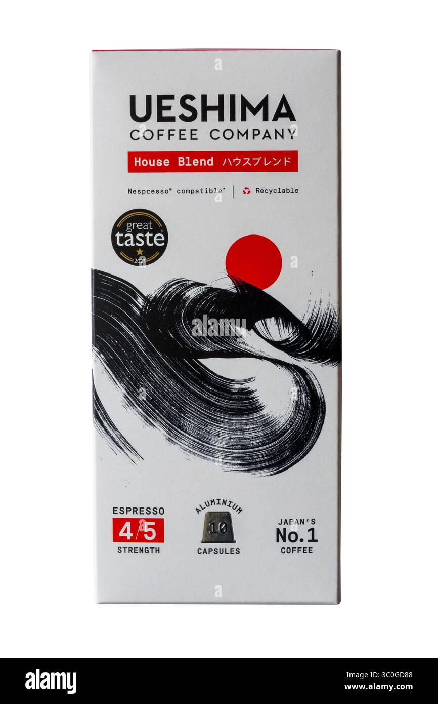 Scatola di capsule di caffè House Blend capsule di alluminio cialde di Ueshima Coffee Company isolate su sfondo bianco Foto Stock