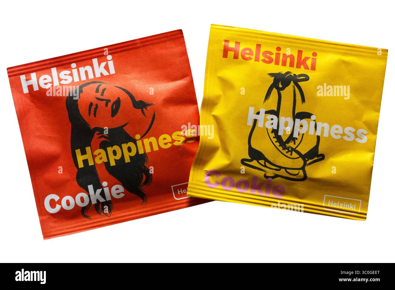 Pacchetto di Helsinki Happiness Cookies isolati su sfondo bianco - biscotti della fortuna progettati per condividere la saggezza finlandese e promuovere la felicità Foto Stock Pacchetto di Helsinki Happiness Cookies isolati su sfondo bianco - biscotti della fortuna progettati per condividere la saggezza finlandese e promuovere la felicità Foto Stock