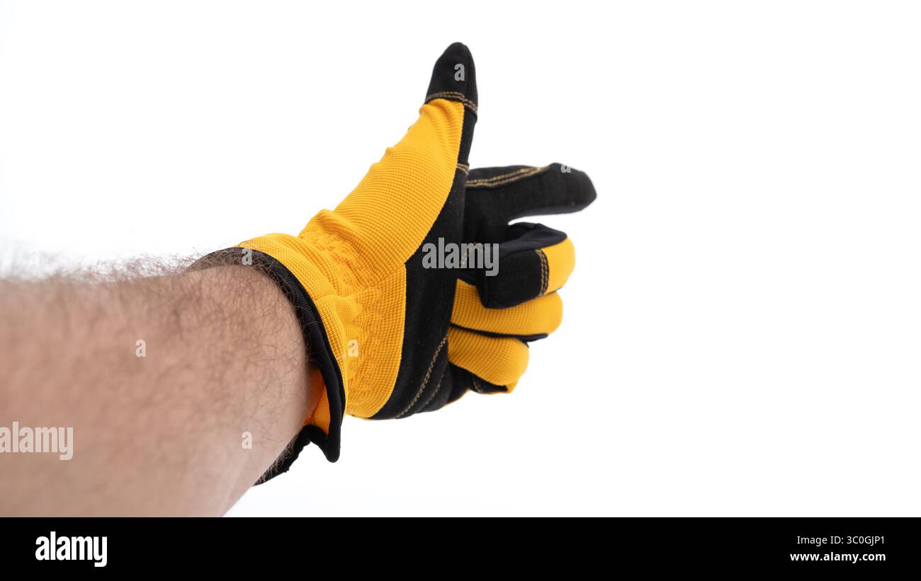 Mano con guanti che dona un movimento verso l'alto all'interno Foto Stock