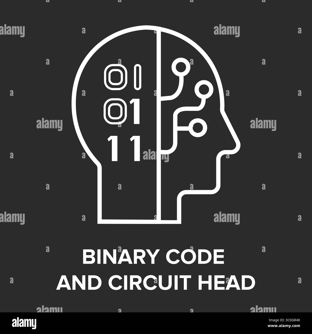 Icona del codice binario e della testa del circuito su sfondo bianco e nero: Intelligenza di elaborazione dati ai, illustrazione vettoriale Illustrazione Vettoriale