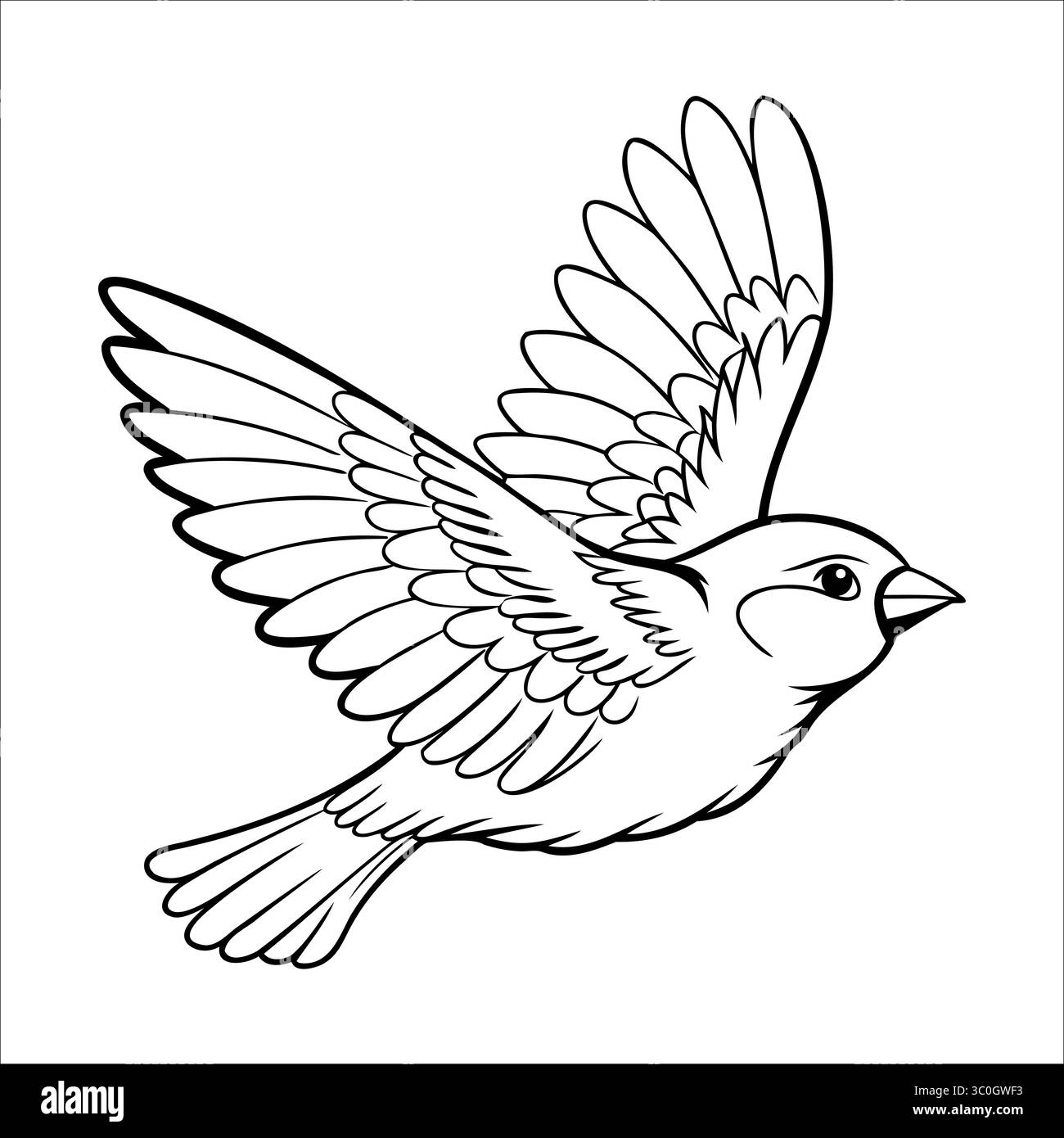 Un uccello volante con le ali allungate. L'uccello ha un corpo arrotondato e un becco appuntito. È raffigurato in uno stile semplice e nero. Illustrazione Vettoriale