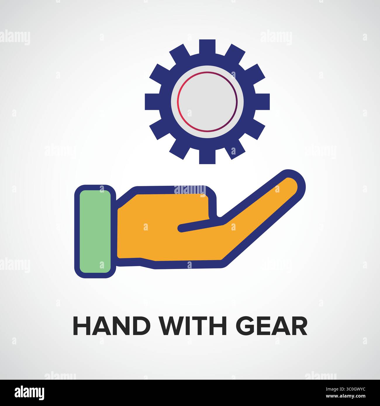Icona mano con ingranaggio: Collaborazione uomo-macchina potenziata dall'IA, illustrazione vettoriale per siti Web, presentazioni, app mobili. Illustrazione astratta Illustrazione Vettoriale