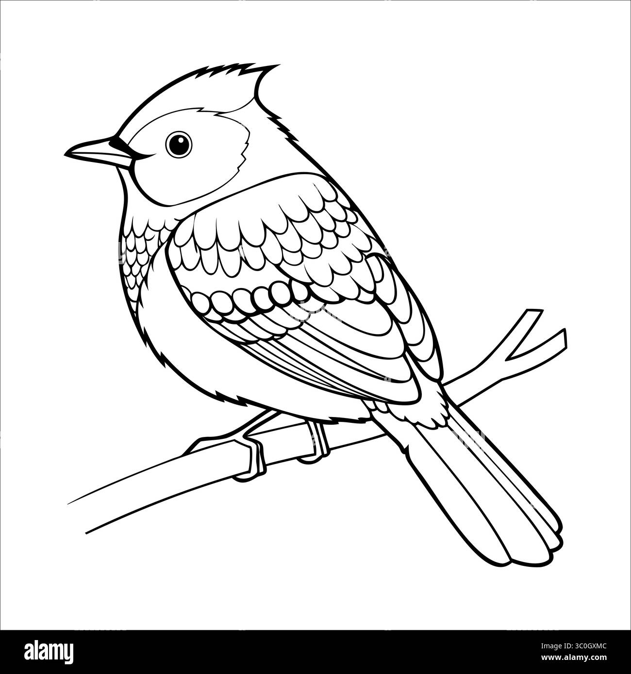 Un disegno dettagliato di un piccolo uccello appollaiato su un ramo. L'uccello ha un corpo arrotondato, un becco corto e intricati motivi di piume. Illustrazione Vettoriale