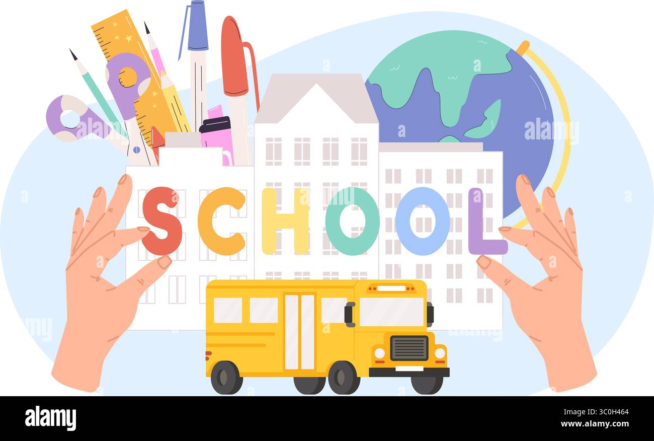 Concetto educativo con edificio scolastico e frase in mano. Cancelleria penna evidenziatore a matita forbici pastello, globo per geografia, elementi vettoriali Illustrazione Vettoriale