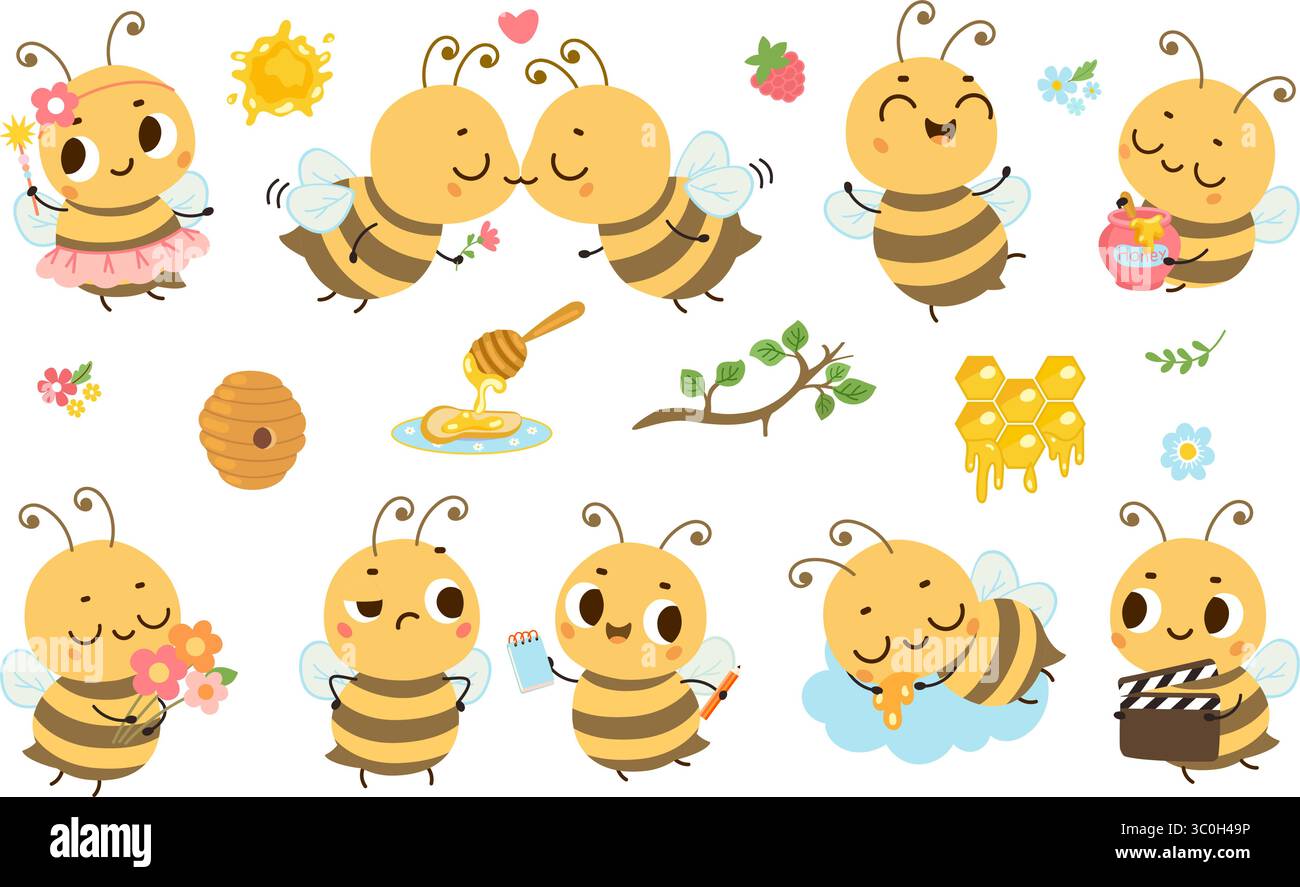 Miele, ape divertente. I cartoni animati aprono pose ed emozioni diverse. Simpatico insetto con bacchetta magica, fiori, blocco note, api volanti in amore ormai sulla falesia vettoriale Illustrazione Vettoriale