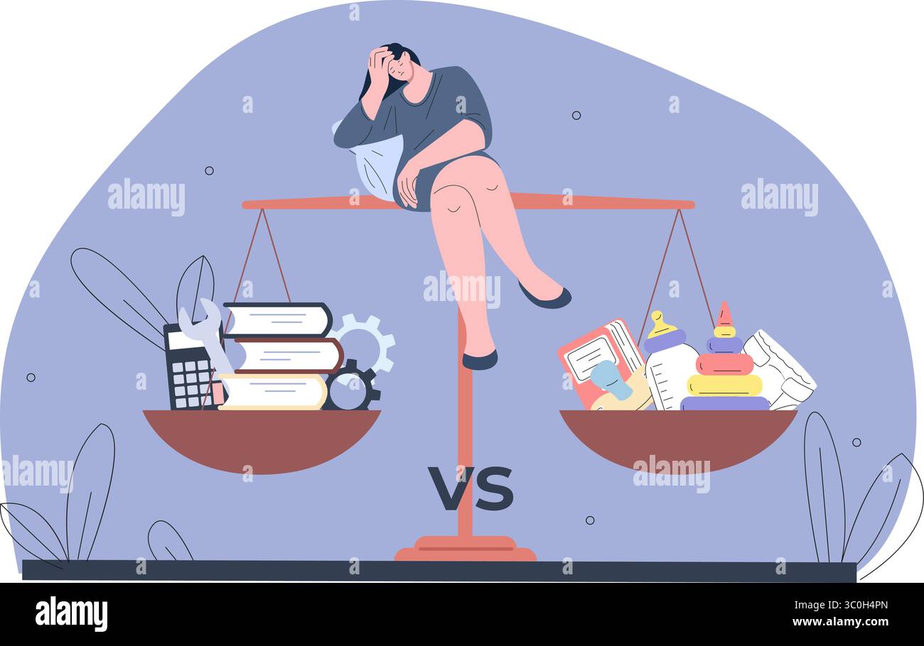 Le donne scelgono tra educazione e maternità. Lavoro vs famiglia scelta femminile. Problema delle ragazze sociali, pressione di genere del concetto di vettore sociale Illustrazione Vettoriale