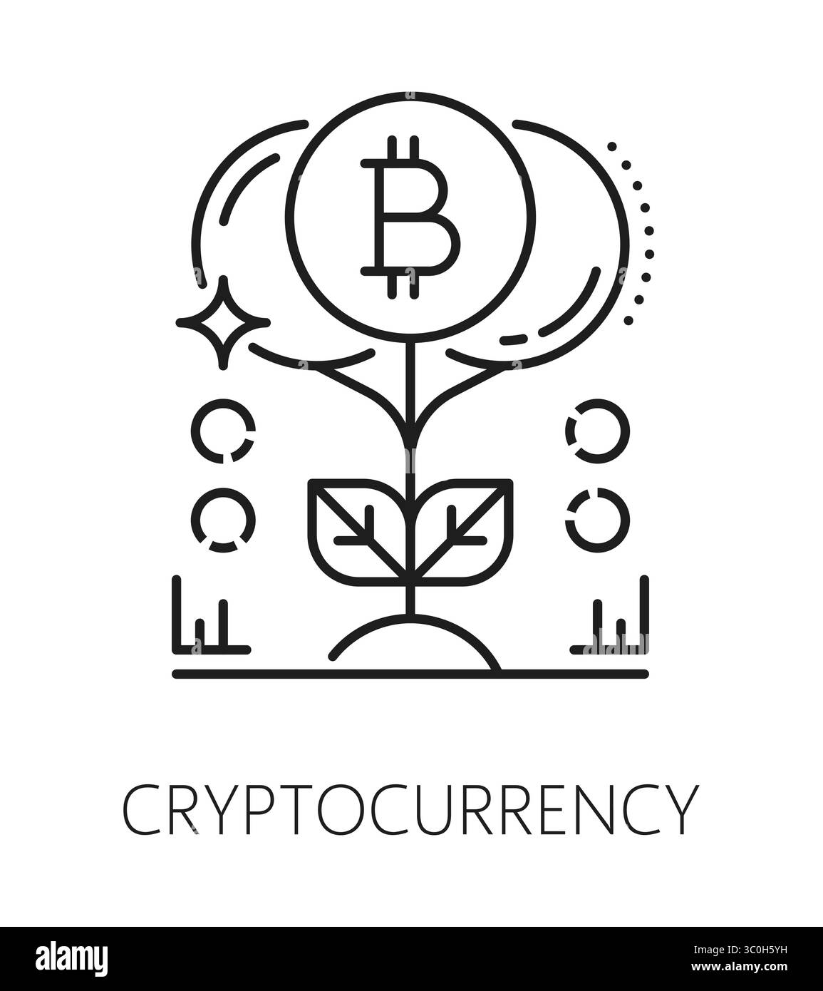 criptovaluta di investimento, icona o simbolo della business line. Simbolo vettore della società di finanziamento o di investimento di capitali, simbolo del fondo investitore. Fai trading con pittogramma o icona di avvio con bitcoin che crescono sulla pianta Illustrazione Vettoriale