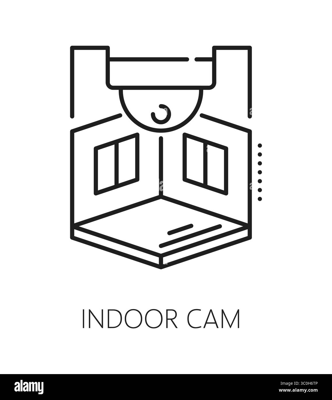 Icona o emblema della linea elettronica di sicurezza domestica della telecamera per interni. Icona del vettore della linea della tecnologia di allarme per la casa, segnale di sagoma dell'attrezzatura di sicurezza. Simbolo o pittogramma dell'elettronica di sicurezza domestica con telecamera per interni Illustrazione Vettoriale
